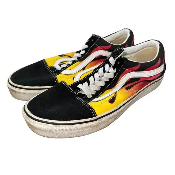 VANS OLD SKOOL FLAME PRINT BLACK CANVAS SNEAKERS MENS SIZE 10 JAZZ STRIPE GUM - Picture 2 of 7